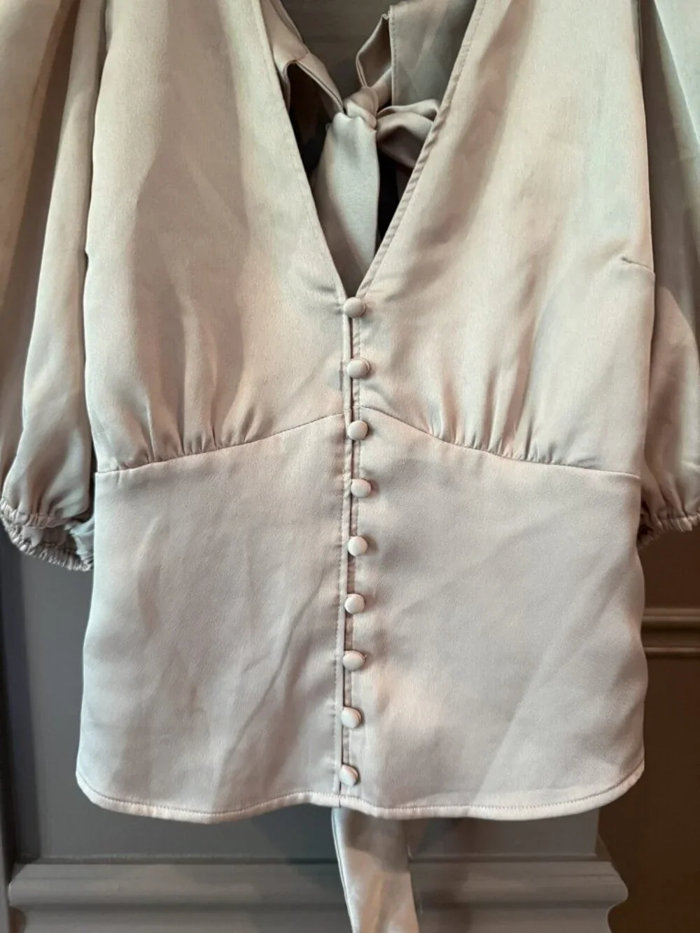 Abercrombie & Fitch Champagne Satin Tie-Neck Blouse S